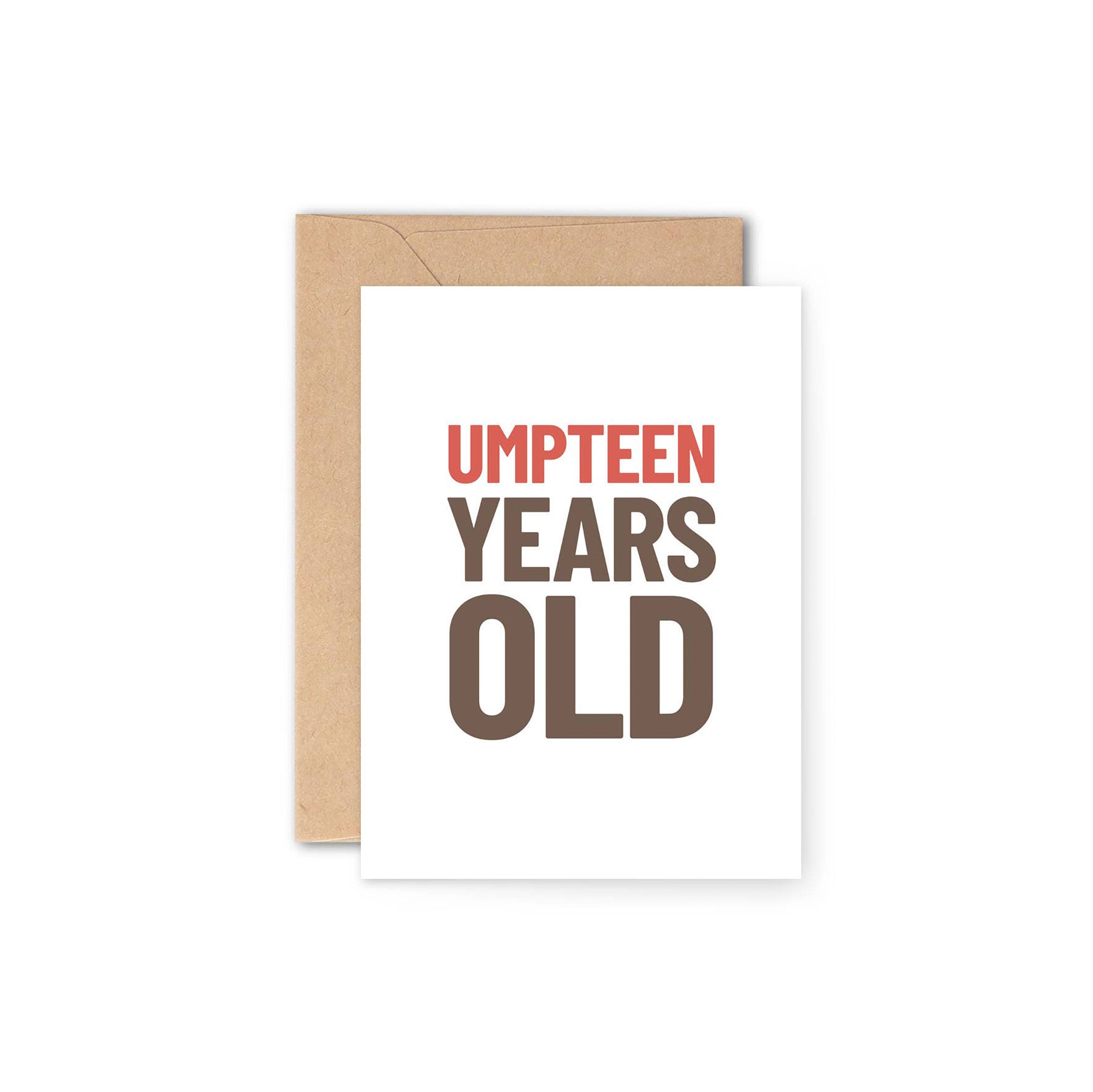 Y Studio Umpteen Birthday Greeting Card with bold graphic text. Eco-friendly UK-made card, blank inside, 120 × 170mm, Kraft envelope included.